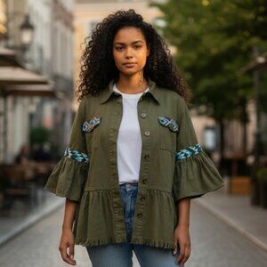 Anthropologie Beautiful Stories Jacket Boho Embroidered Green S Inca Indie NWT